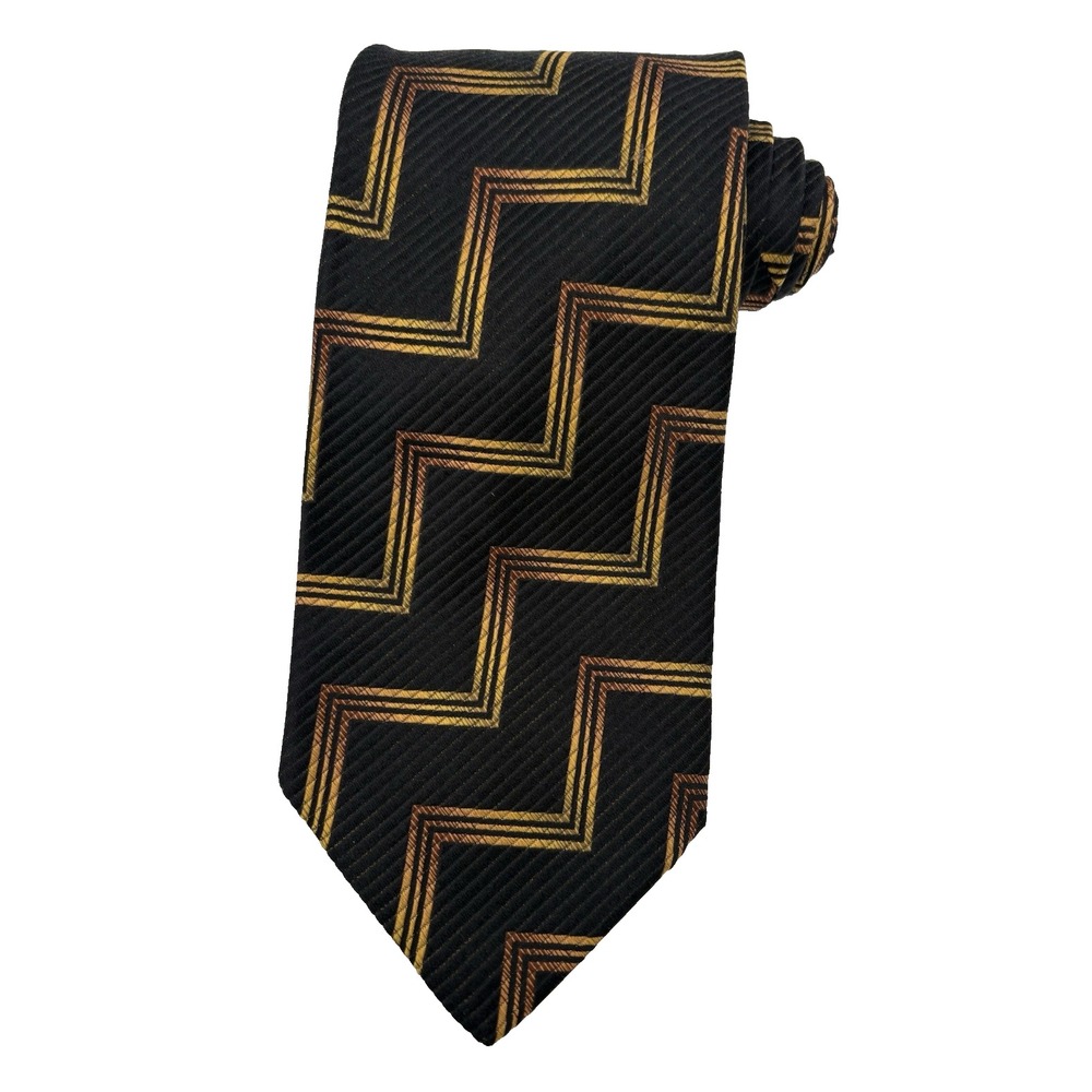 HUGO BOSS Men's REPP Tie 100% Silk ITALY Black Gold Designer Striped EUC